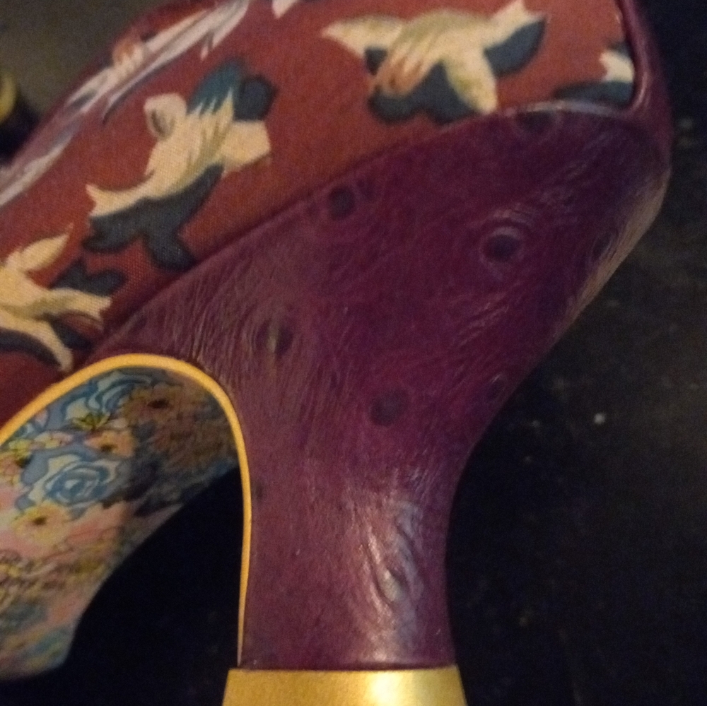 Irregular Choice Red Floral & Tan Herringbone Buckle Heels - Picture 7 of 8